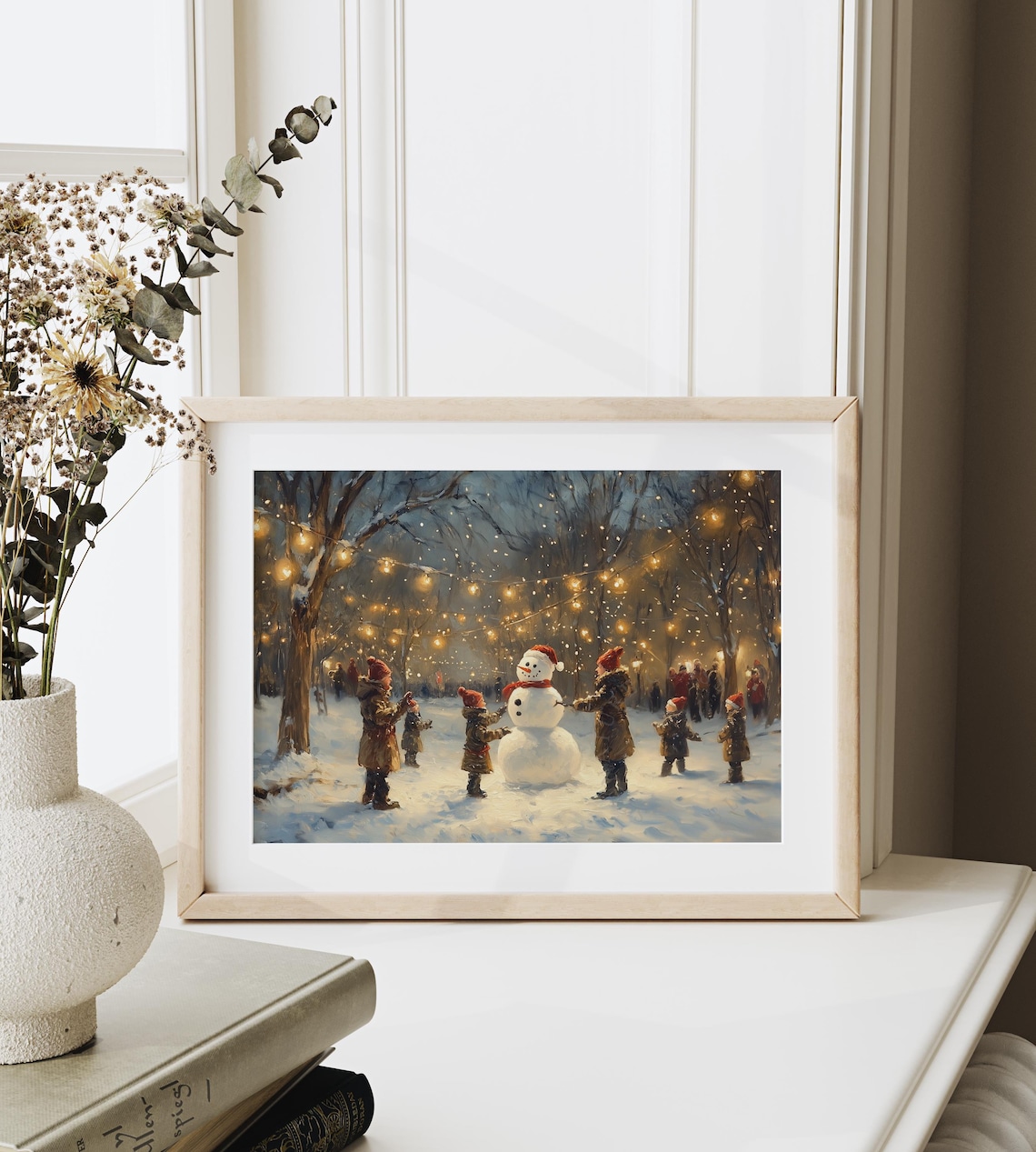 Kids Building a Snowman in Winter Woods, Holiday Art Print - Image 6