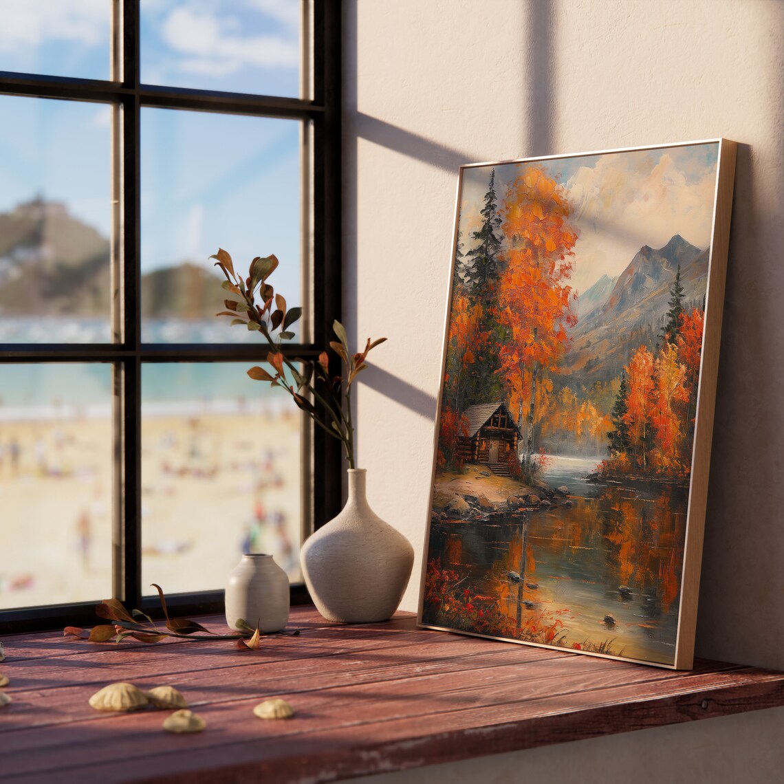 Lakeside Mountain Cabin Ringed By Orange Autumn Trees Art Poster - Image 5