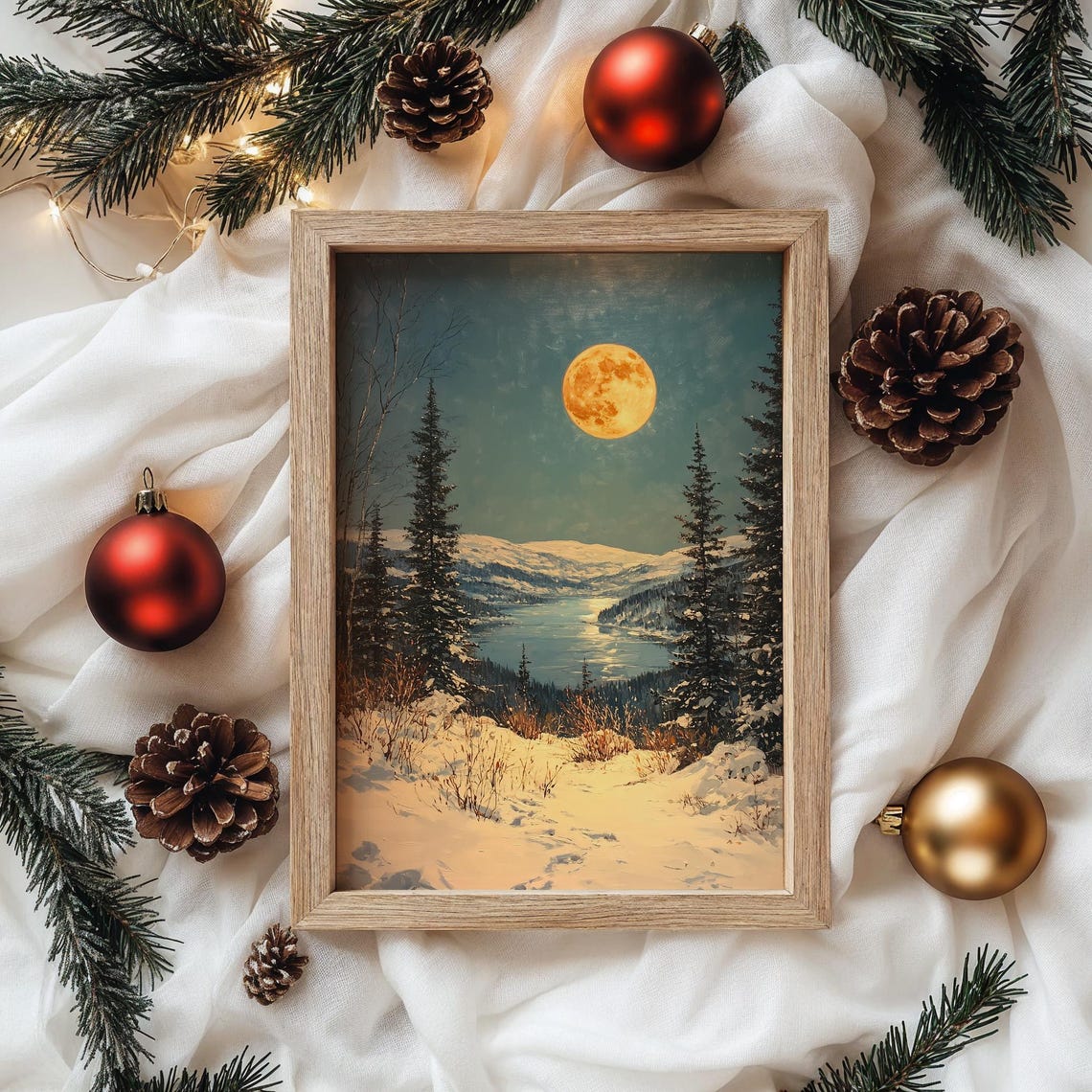 Golden Full Moon over Snowy Lake and Mountains Night Sky Poster - Image 4