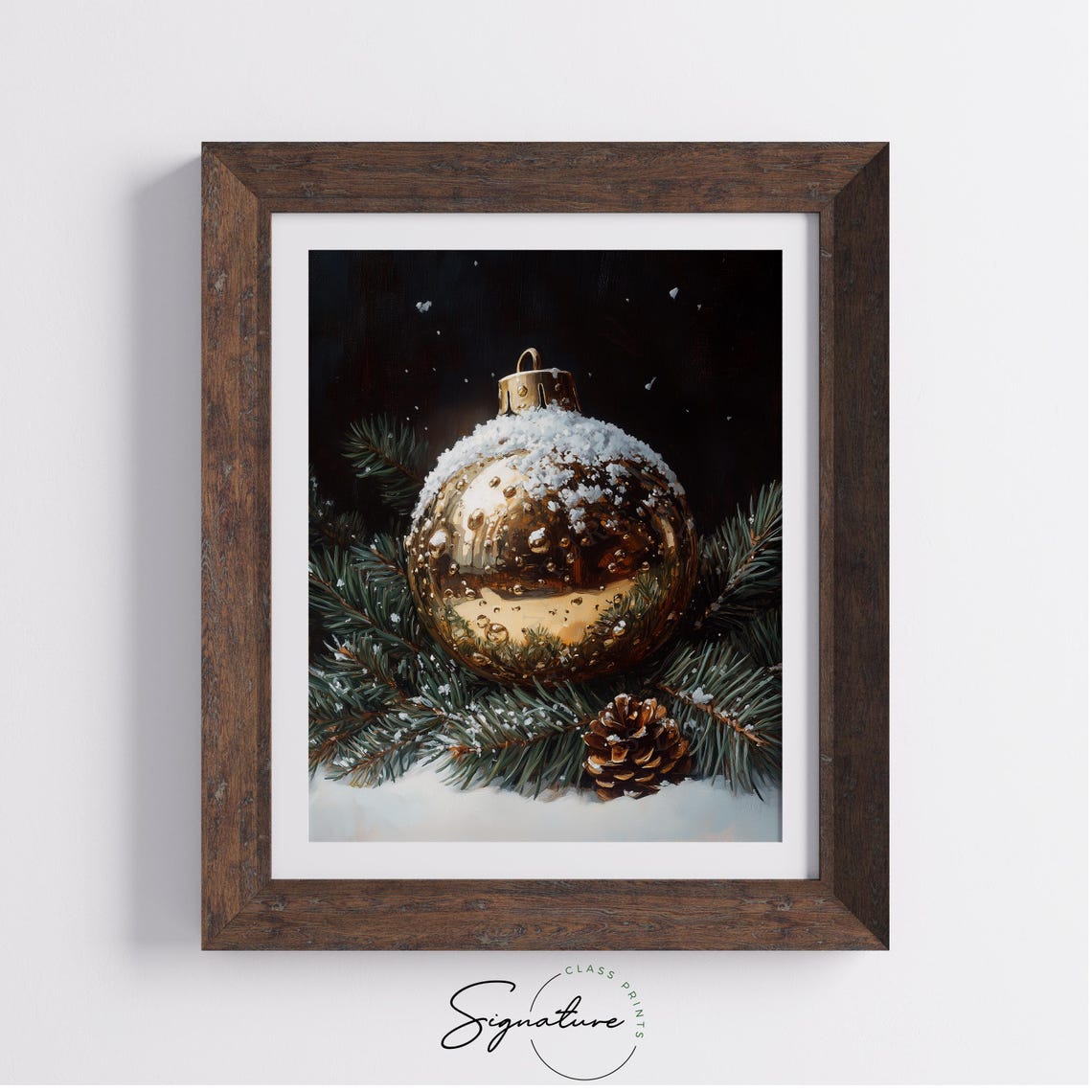 Snow Dusted Gold Ornament On Pine Boughs Vintage Holiday Poster - Image 4