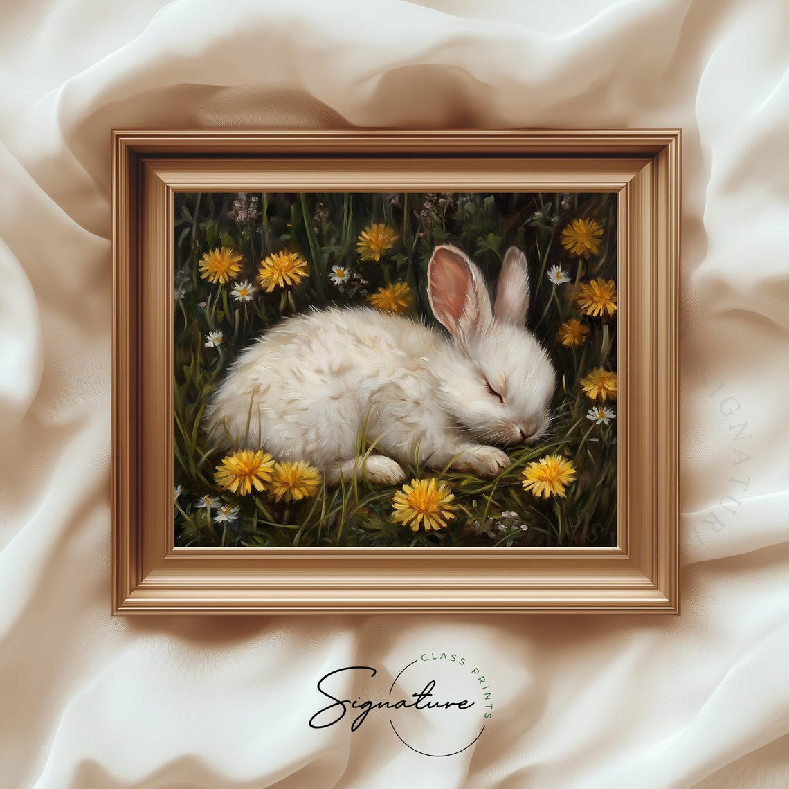 Sleeping White Bunny in Dandelion Meadow Dreamy Spring Art Poster