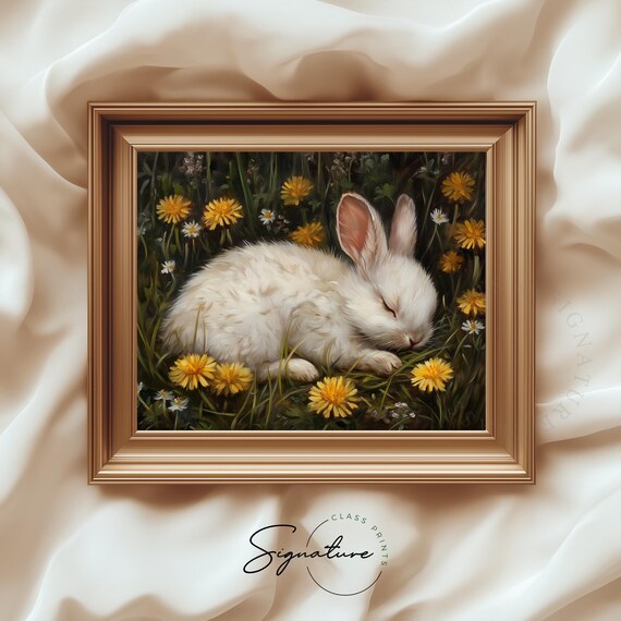 Sleeping White Bunny in Dandelion Meadow Dreamy Spring Art Poster