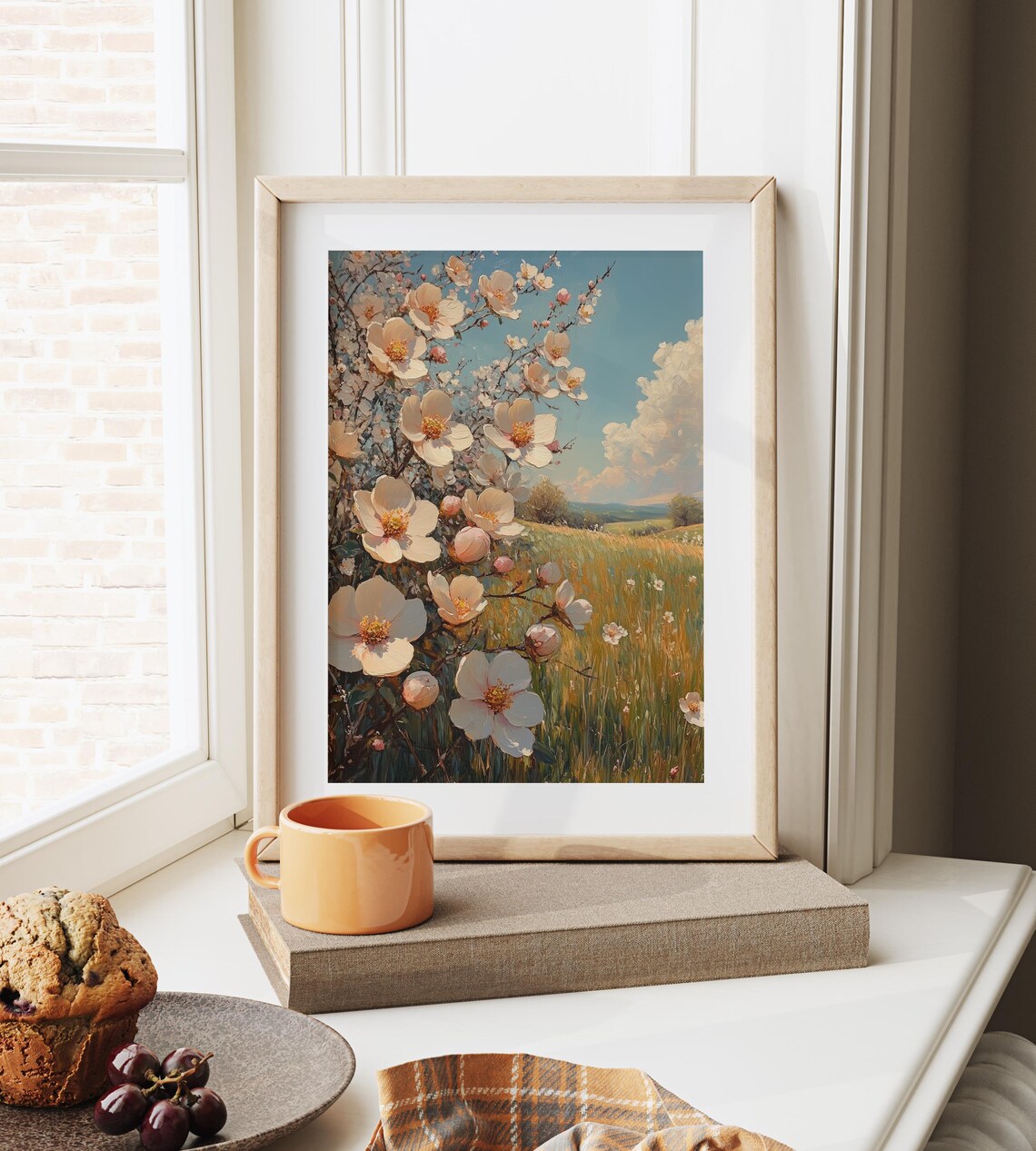 Blooming White Blossom Branch Over Sunny Meadow Spring Floral Poster - Image 6