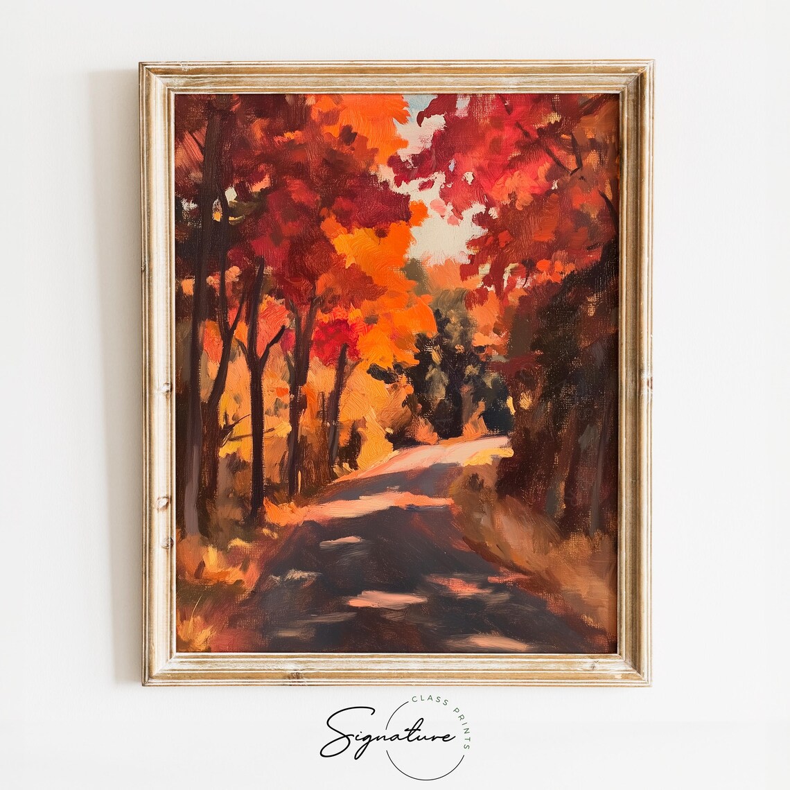 Winding Country Lane Through Fiery Red and Orange Autumn Woods Poster
