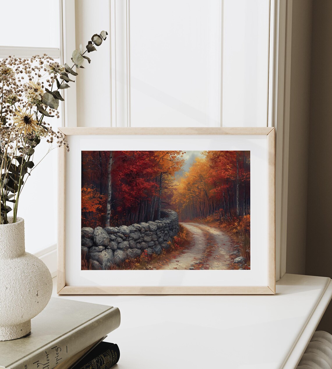 Dirt Road Old Stone Wall Red Maple Forest Autumn Painting Print - Image 6