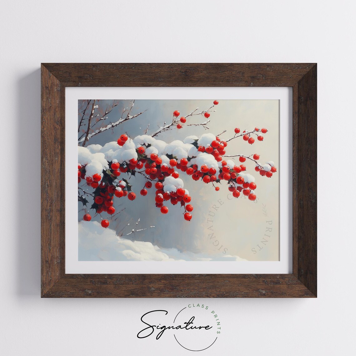 Snow Covered Fresh Red Berries Branch Winter Oil Painting Poster