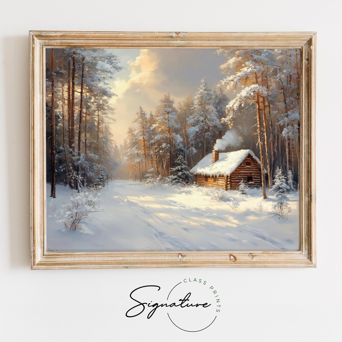 Snowy Log Cabin Deep Winter Forest Sunrise Oil Painting Poster - Image 2