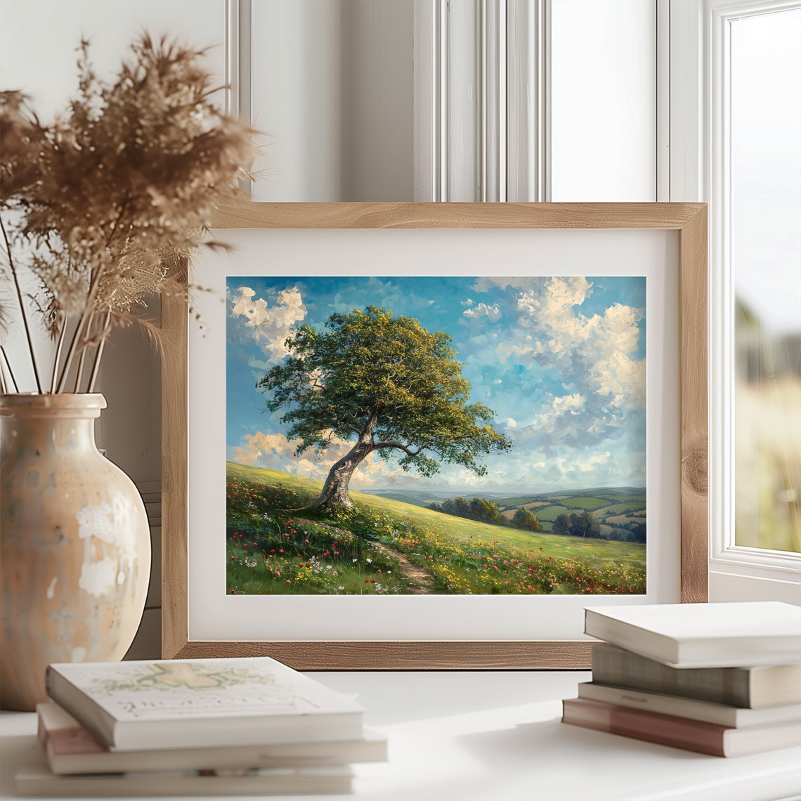 Windswept Beech Tree On Rolling Flower Meadow Hillside Poster - Image 2