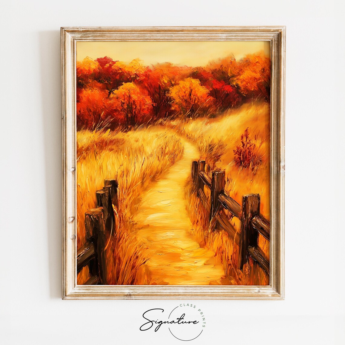 Golden Country Path with Split Rail Fences and Crimson Trees Poster
