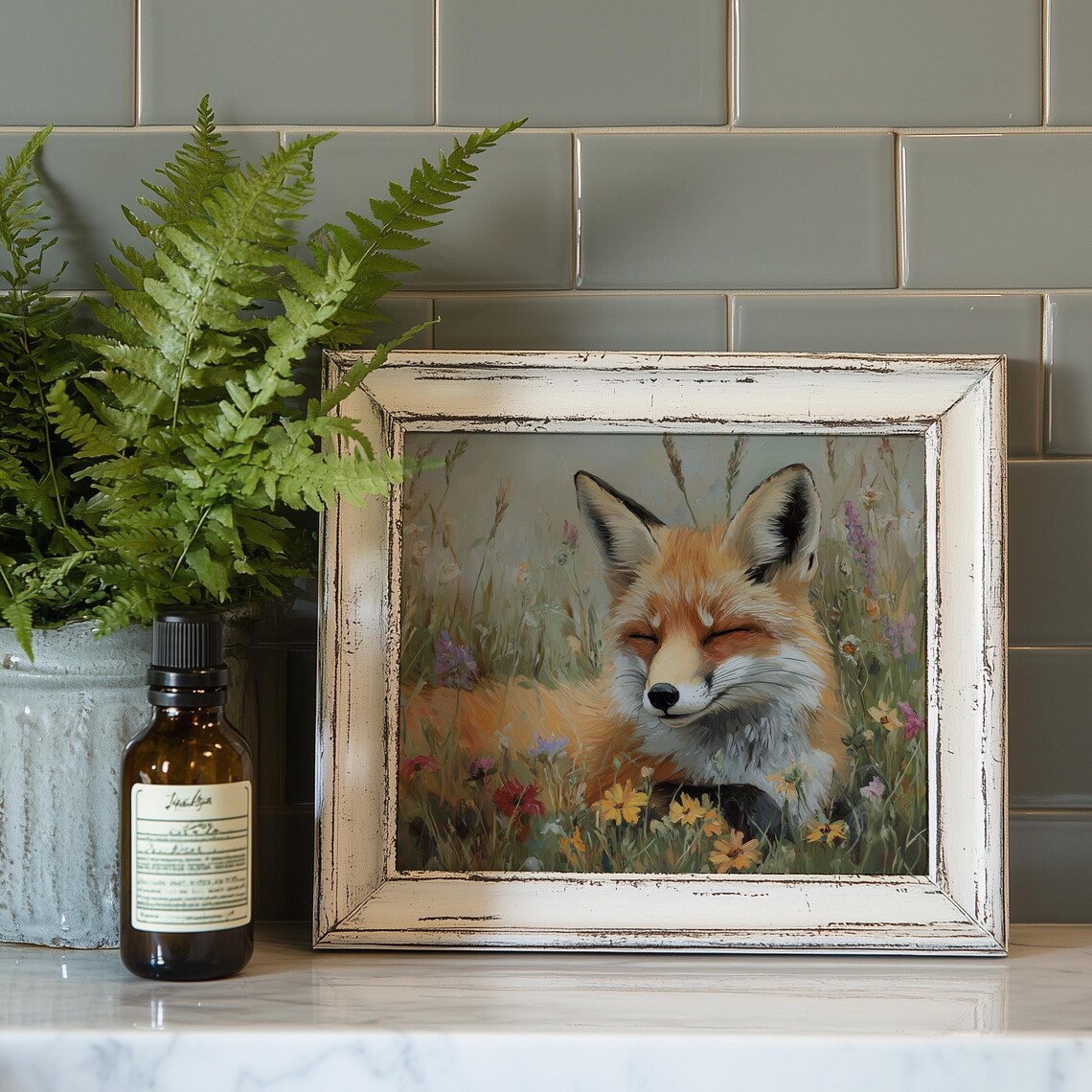 Red Fox Resting in Blooming Field Wildflower Wildlife Painting Poster - Image 4