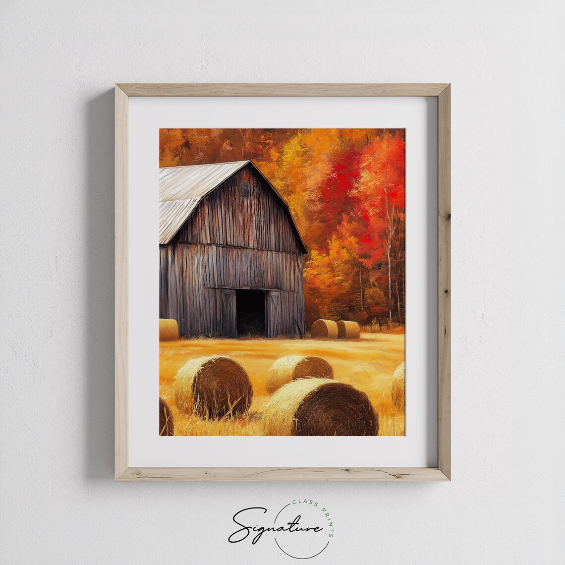 Weathered Barn Hay Bales Crimson Autumn Trees Harvest Field Poster - Image 3
