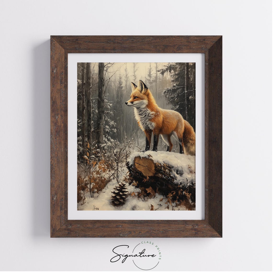 Red Fox On A Snow Covered Log In A Quiet Winter Forest Poster - Image 2