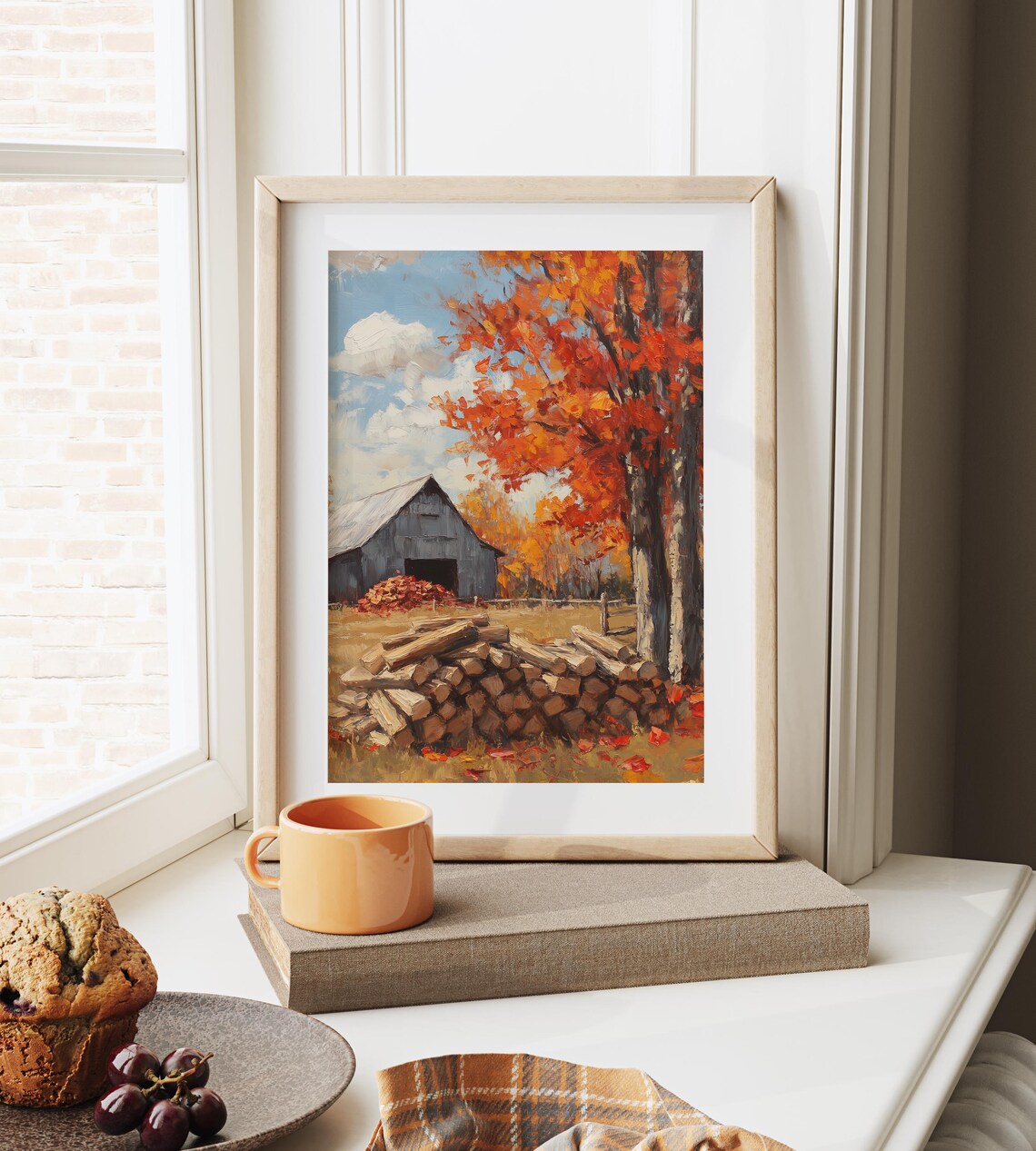 Weathered Gray Barn Firewood Pile Autumn Maple Trees Farm Poster - Image 6