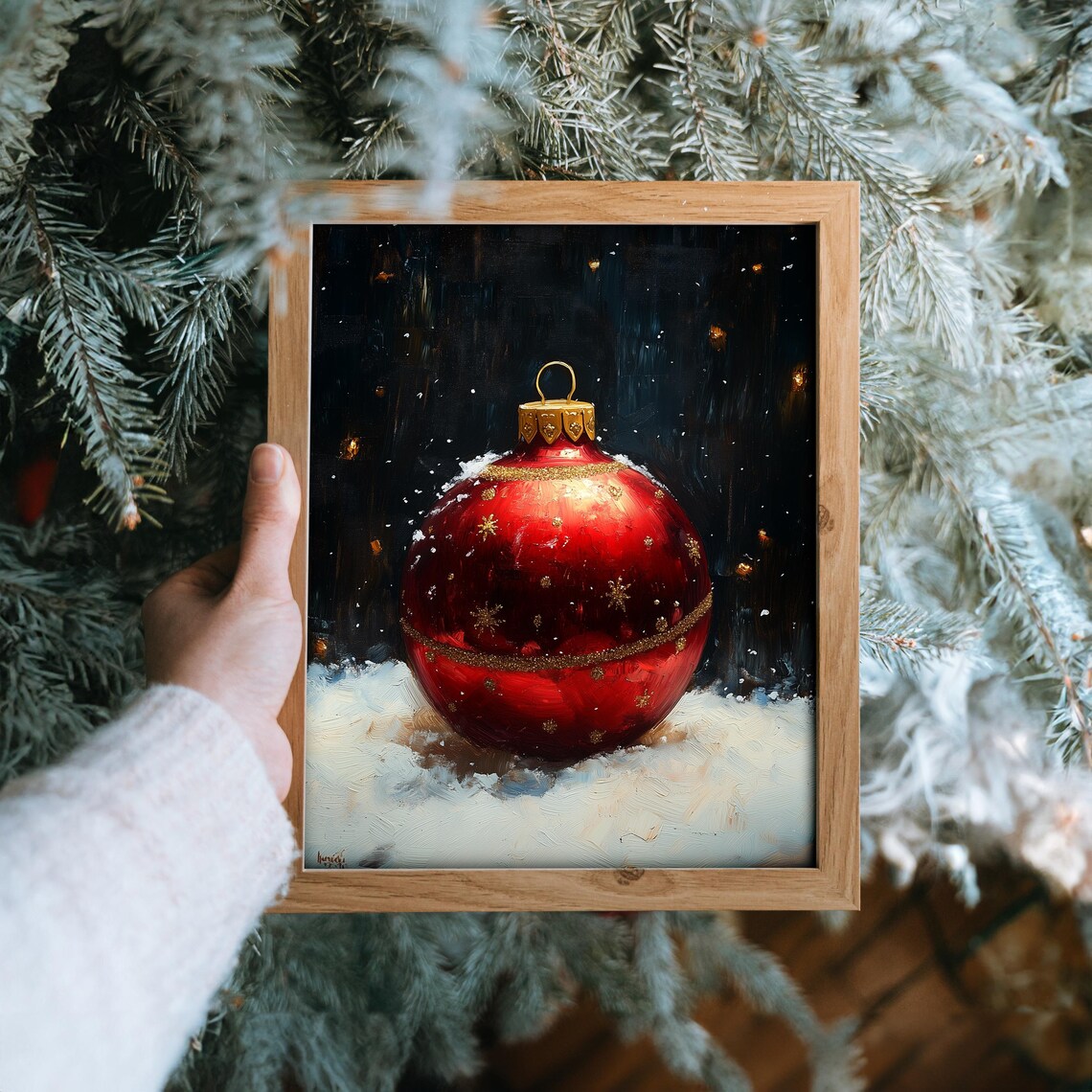Red Christmas Ornament On Snow Classic Oil Painting Holiday Poster - Image 6