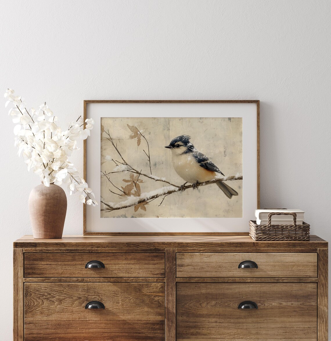 Frosted Titmouse On Snowy Branch In Winter Twilight Vintage Art Poster - Image 2