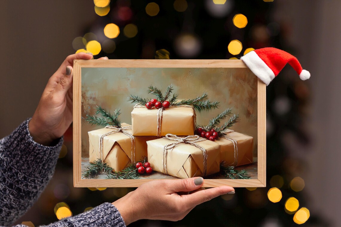 Christmas Gifts Kraft Paper Wrapped Presents Holiday Painting Poster - Image 3