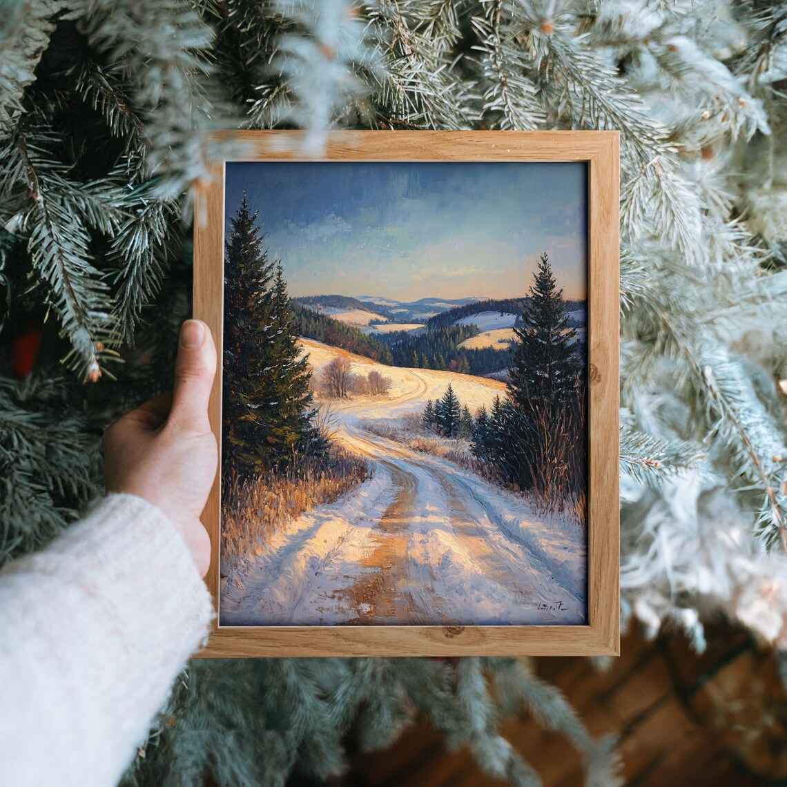 Golden Light Country Road Through Snowy Winter Hills Oil Painting Print - Image 6
