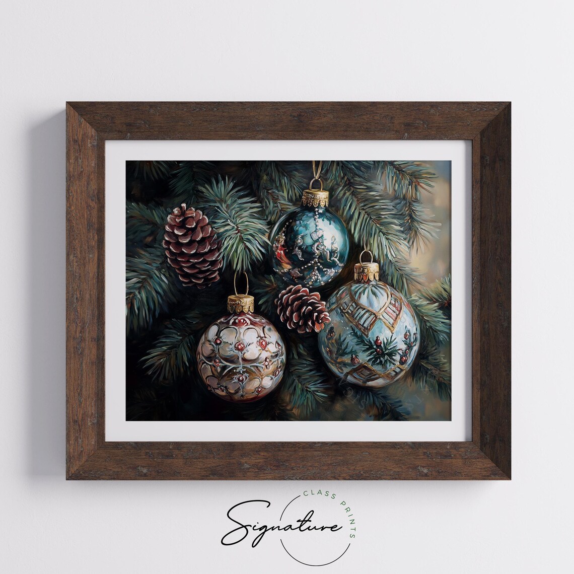 Ornate Teal Christmas Ornaments On Pine Branches Winter Art Poster - Image 5