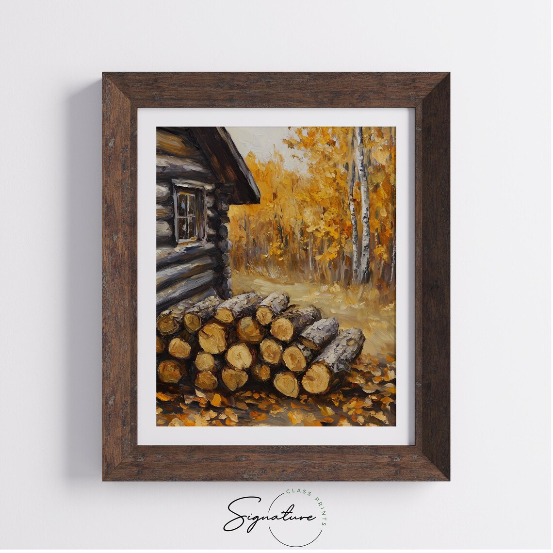 Stacked Firewood Log Cabin Golden Birch Trees Autumn Scene Poster - Image 4