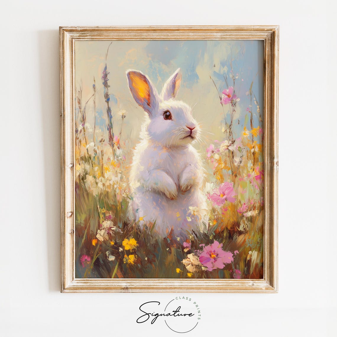 Fluffy White Rabbit Wildflower Meadow Pink Blooms Easter Poster