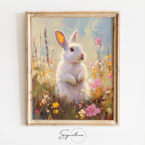 Fluffy White Rabbit Wildflower Meadow Pink Blooms Easter Poster