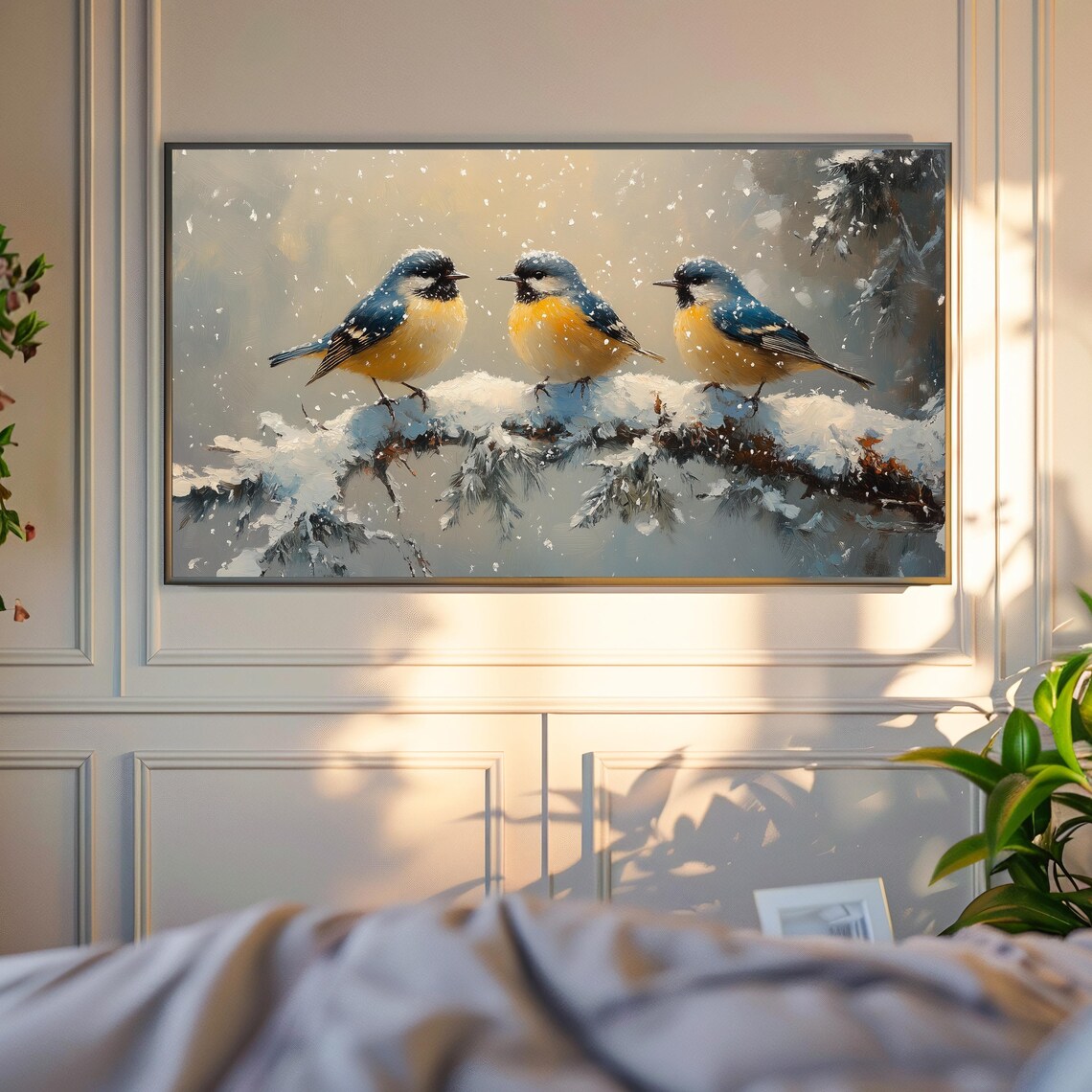 Songbird Trio On Snowy Pine Branch In Falling Snow Winter Bird Art Poster - Image 4