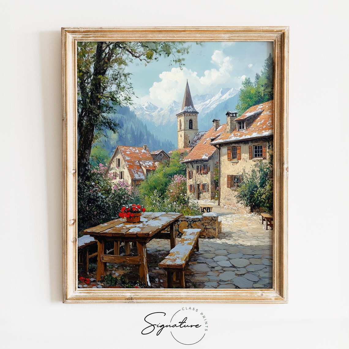 Sunny Alpine Village Church Spire Stone Cottages Summer Poster
