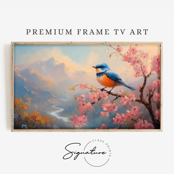 Bluebird On Cherry Blossom Branch Over Mountain Valley Poster