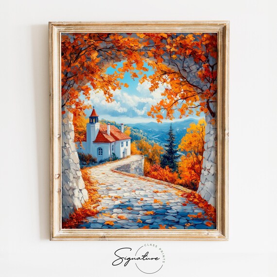 European Old White Chapel Cobblestone Autumn Mountain Vista Print
