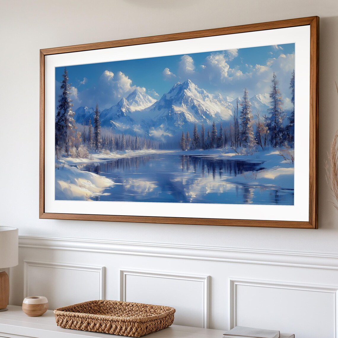 Snowy Alpine Lake And Mountain Range Bright Winter Day Landscape Art Poster - Image 2