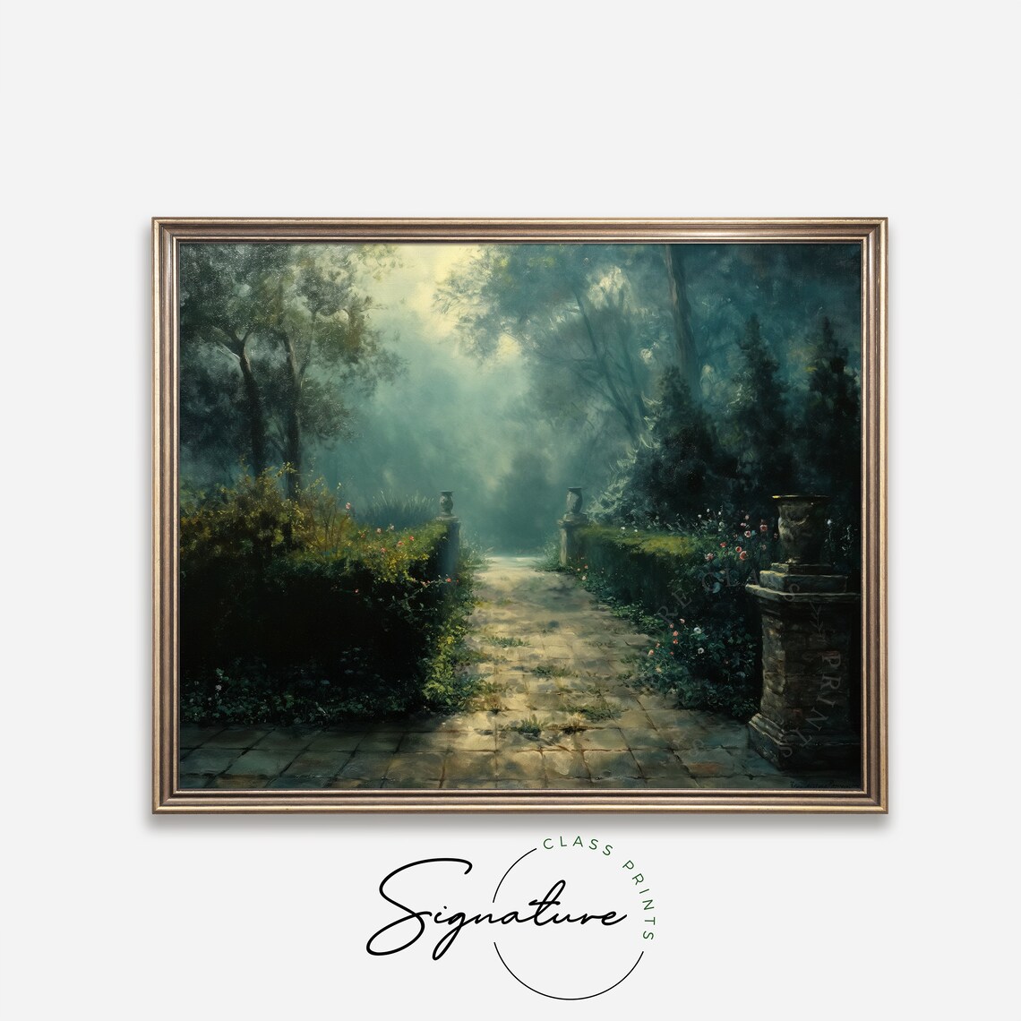 Moody Garden Path with Stone Urns Dark Atmospheric Night Poster - Image 4