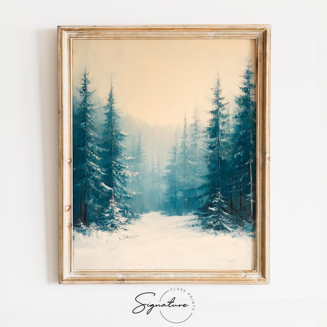 Misty Winter Pine Forest with Blue Green Treetops and Snow Poster