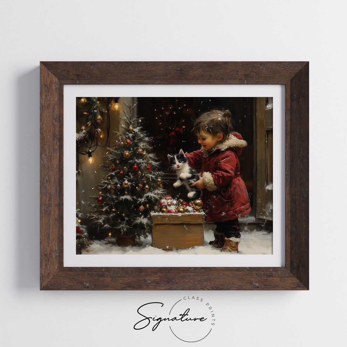 Little Girl Holding A Kitten Beside A Snowy Christmas Tree Poster - Image 5