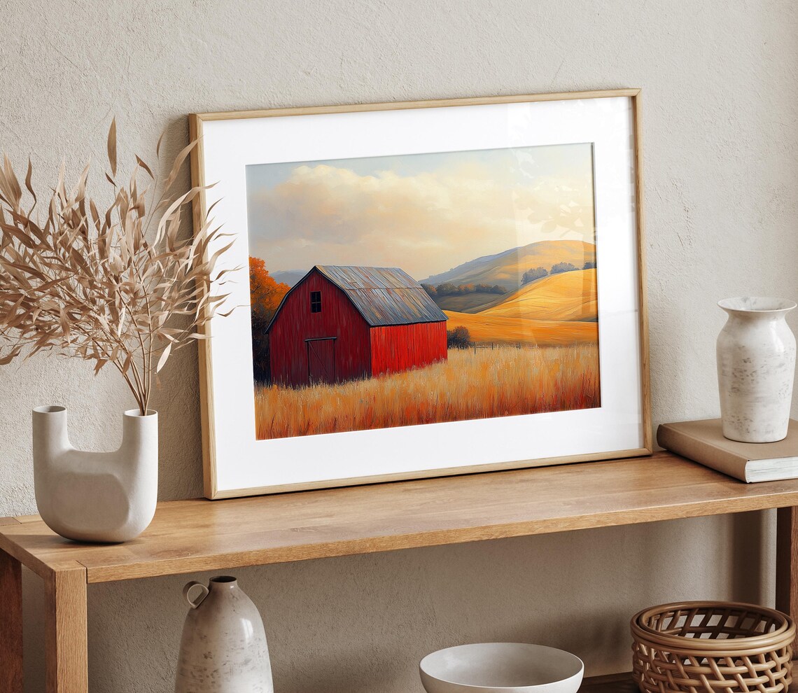Red Barn Autumn Field Golden Sunset Rolling Hills Farm Wall Art - Image 4