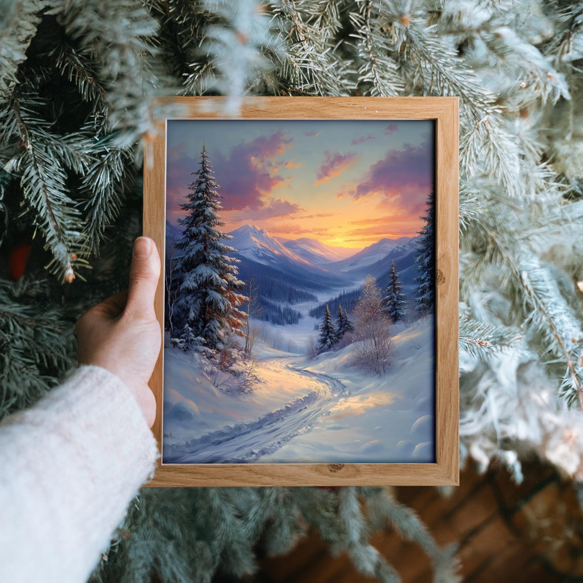 Snowy Mountain Trail At Sunset Through Pine Forest Oil Painting Poster - Image 6