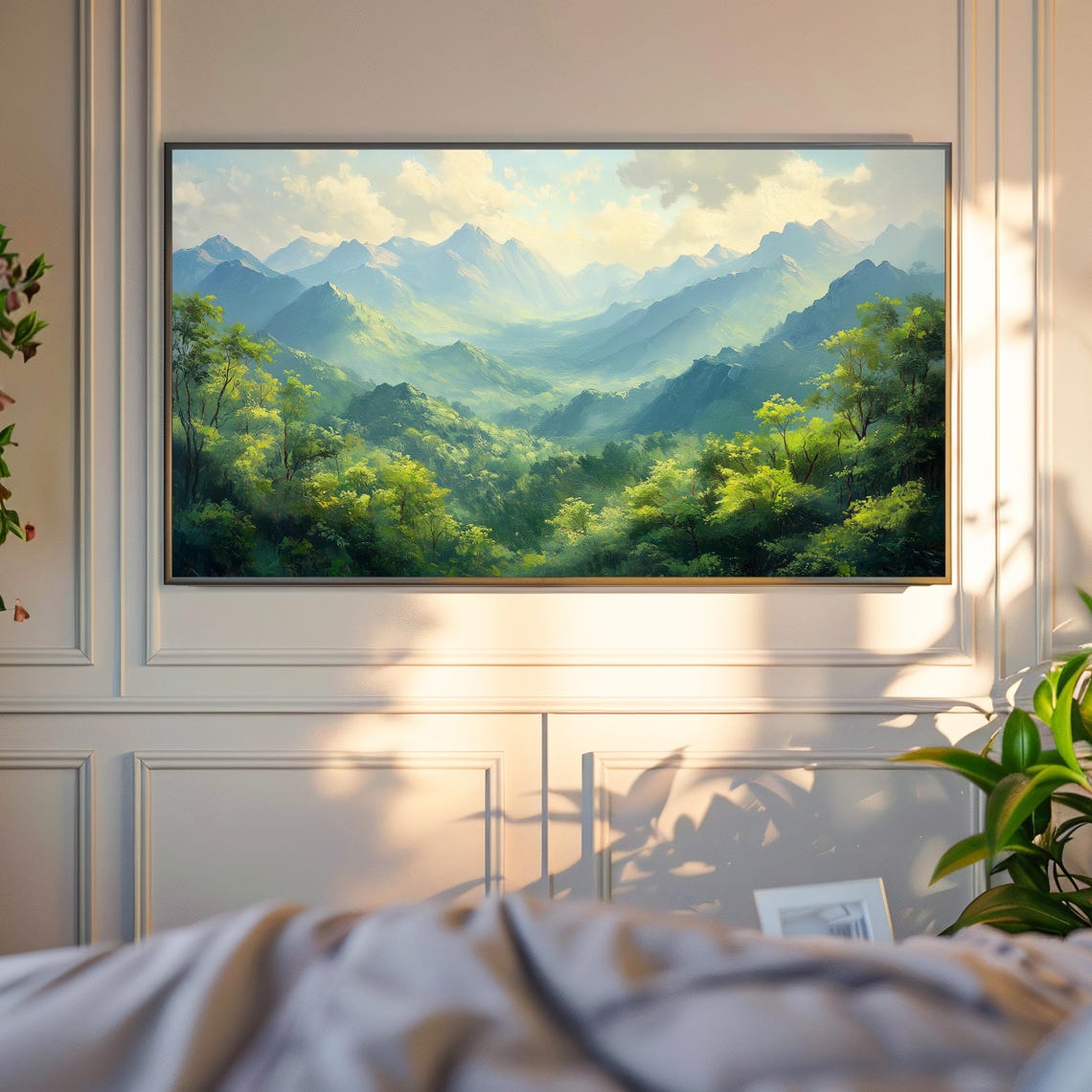Tropical Green Mountain Range Palm Jungle Misty Blue Peaks Wall Art - Image 6