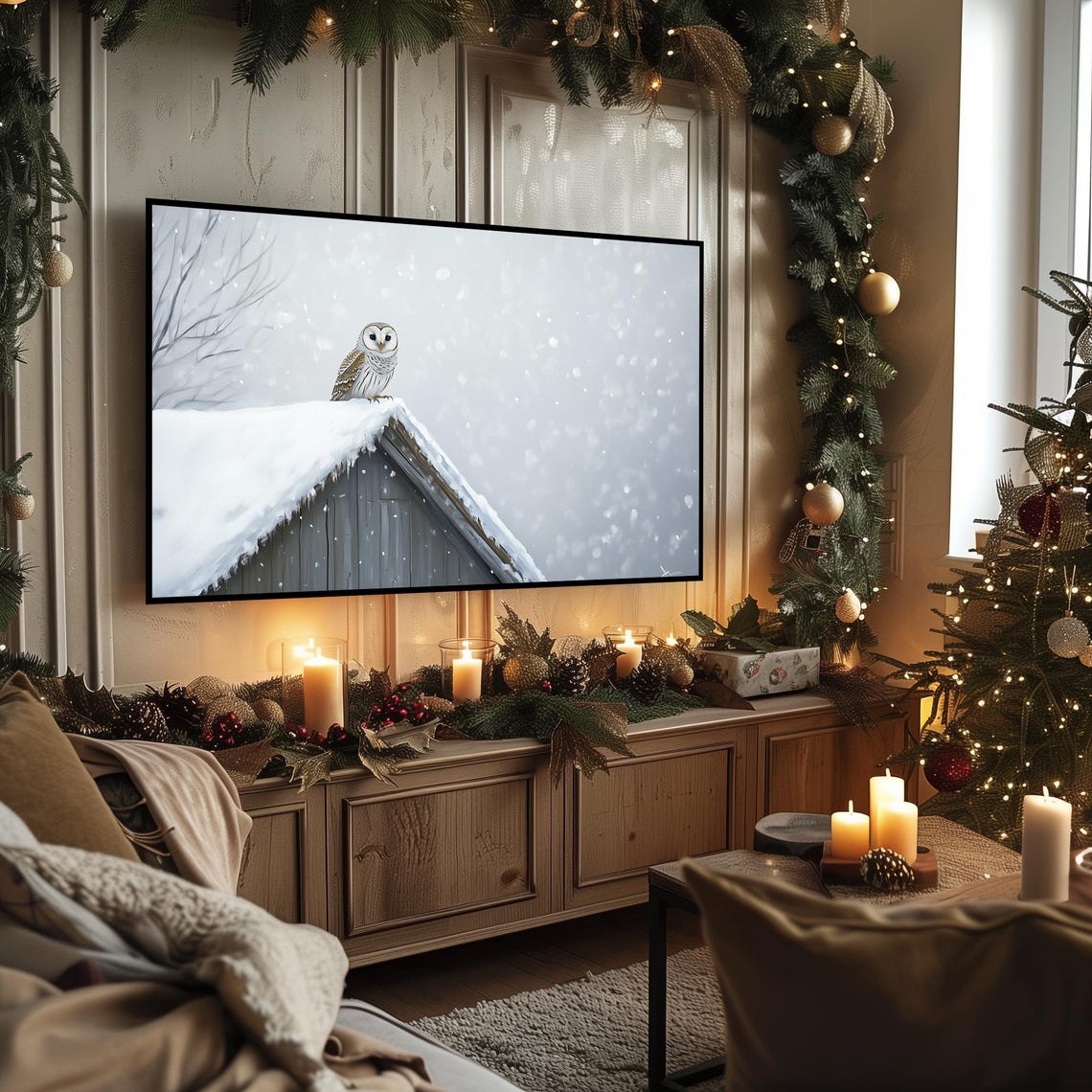 Barred Owl on Snowy Barn Roof Winter Falling Snow Art Poster - Image 3