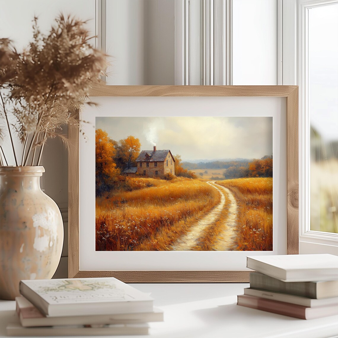 Old Stone Farmhouse Golden Wheat Field Winding Country Path Print - Image 2