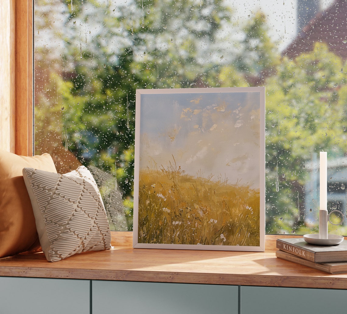 Golden Wheat Field with White Wildflowers Under Blue Sky Poster - Image 2