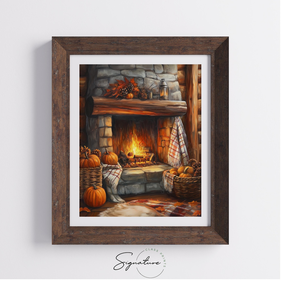 Rustic Stone Fireplace with Pumpkins Baskets and Cozy Fall Decor Poster - Image 4