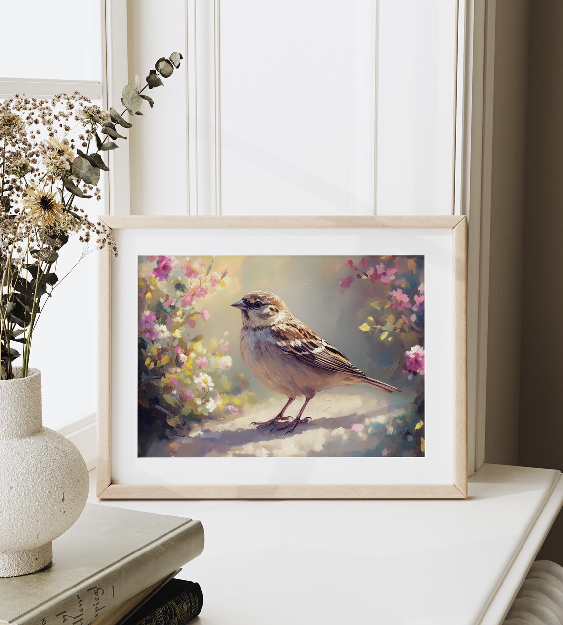 Sparrow Among Spring Flowers Dappled Sunlight Garden Bird Painting Poster - Image 4