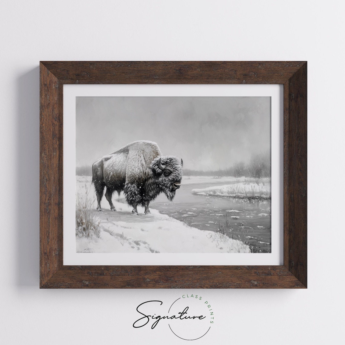 Bison Standing by Snowy River in Winter Wildlife Nature Art Poster - Image 5