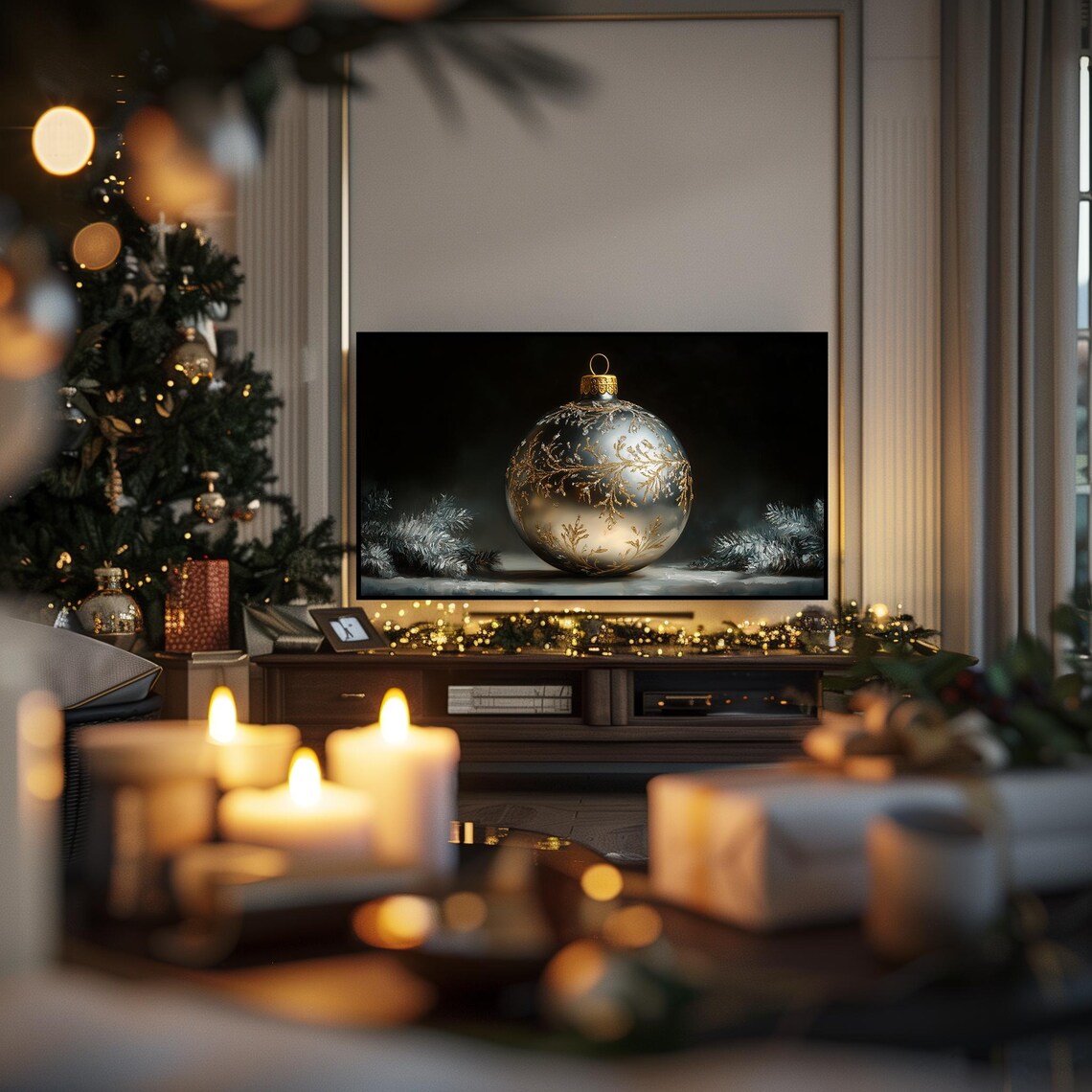 Silver Christmas Ornament With Gold Fern on Black Holiday Art Poster - Image 6