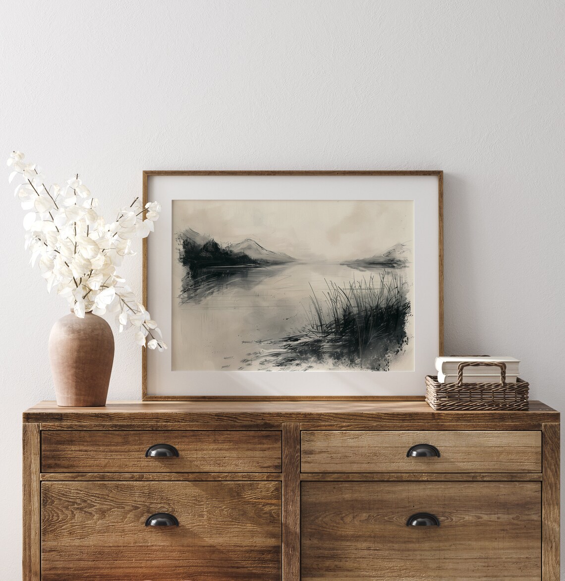 Quiet Serene Misty Lake With Reeds Ink Wash Landscape Poster Art - Image 3
