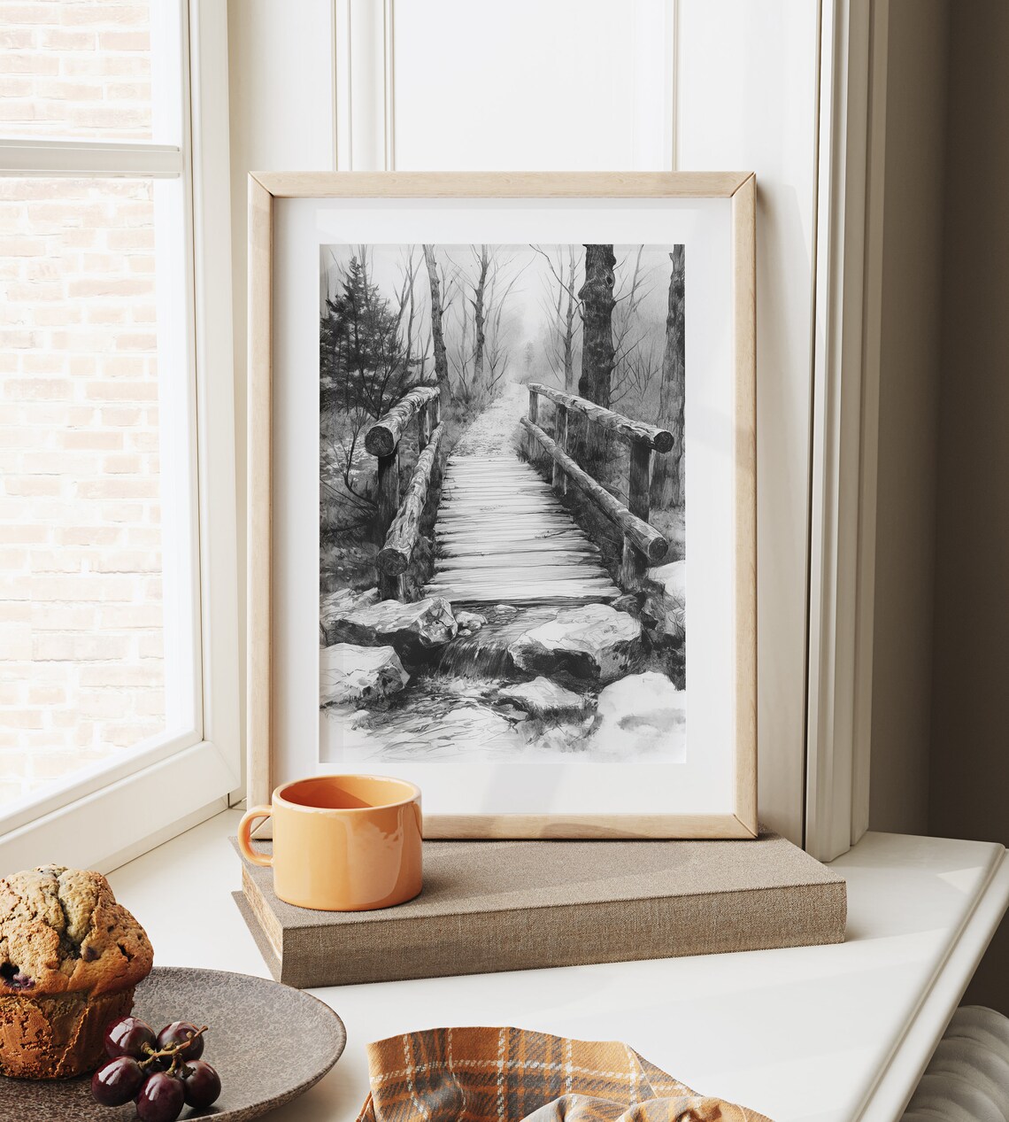 Rustic Wooden Footbridge Over Forest Stream Woodland Ink Poster - Image 6