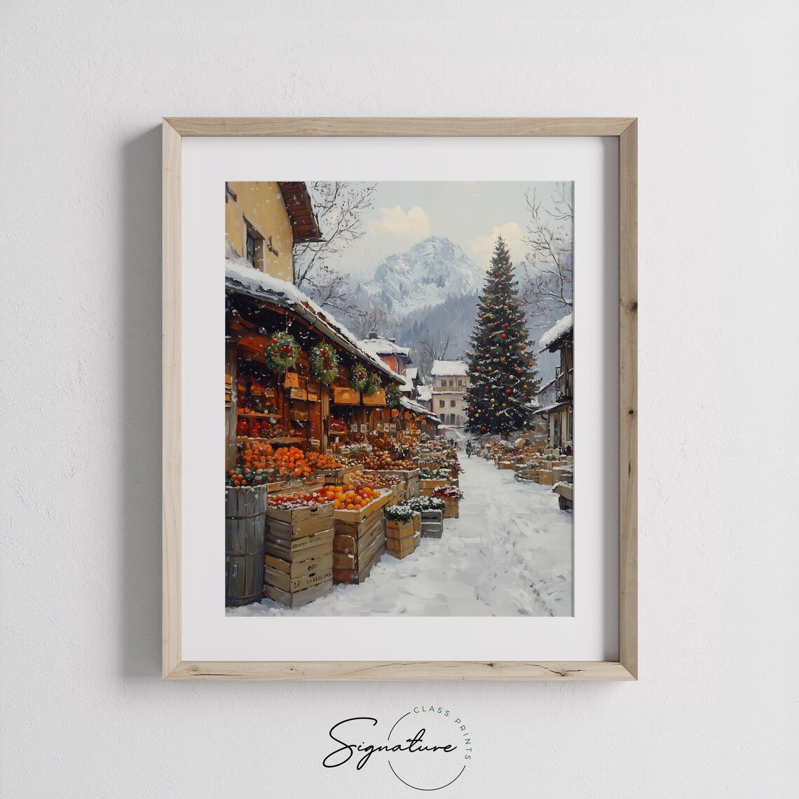 Snowy Christmas Market with Orange Crates in Town Square Poster - Image 2