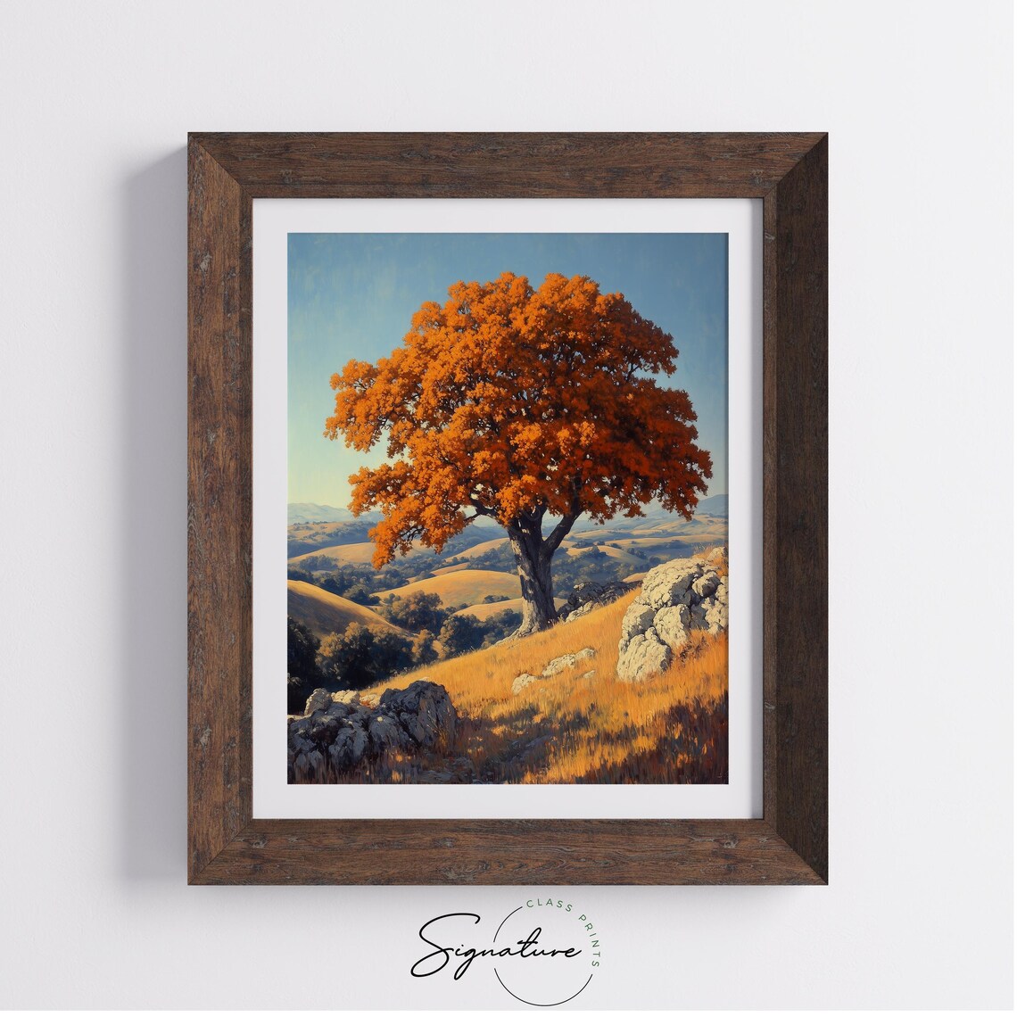 Lone Orange Oak Rocky Hillside Autumn Rolling Hills Blue Sky Poster - Image 4