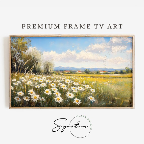 White Daisy Meadow Farmhouse Cottages Blue Sky Country Landscape Poster