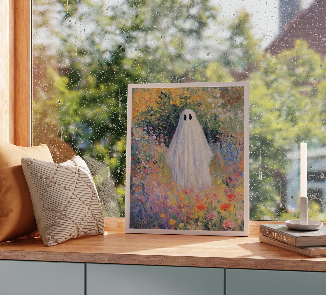 Cute White Ghost Colorful Wildflower Field Halloween Art Poster - Image 2