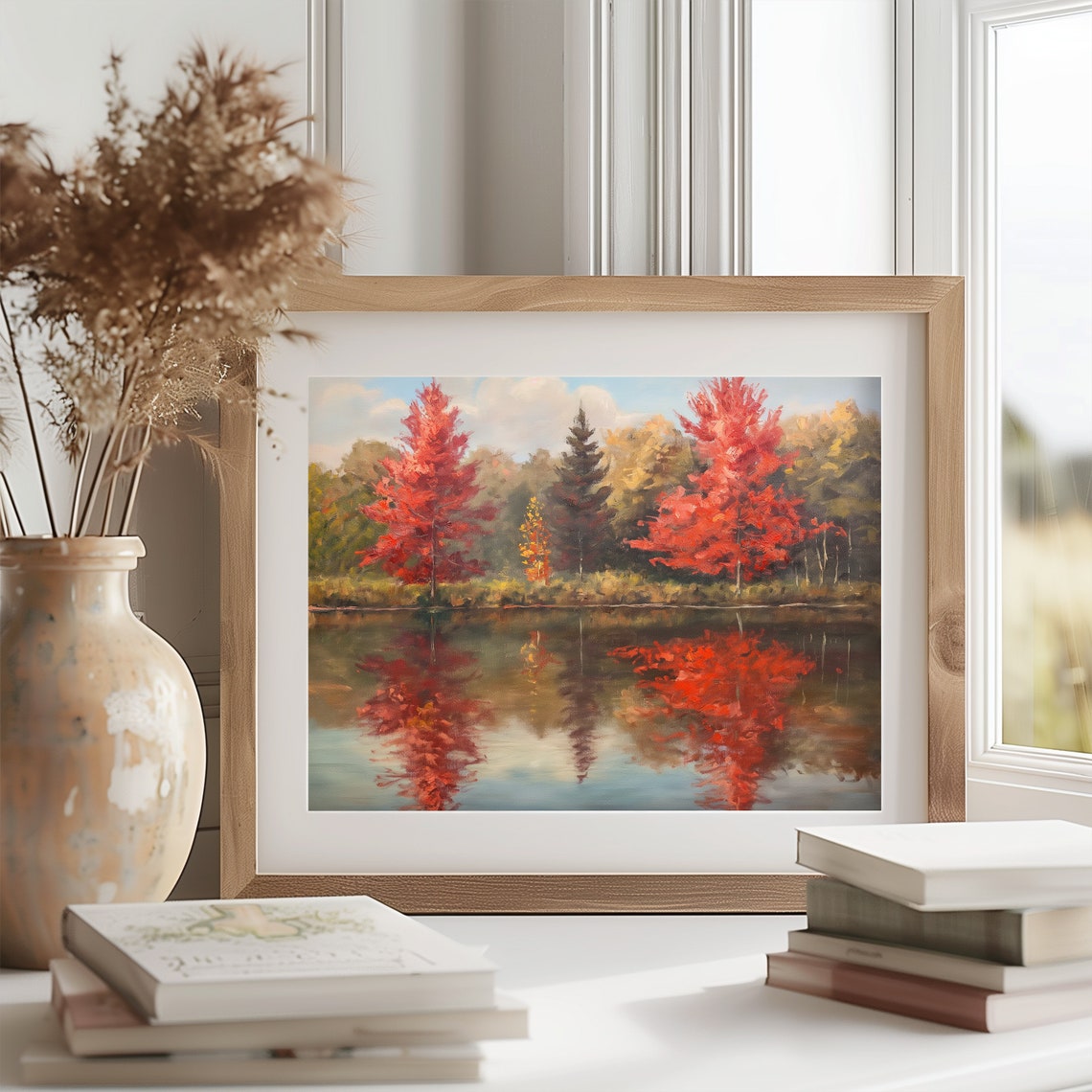 Twin Scarlet Red Maples Reflected In Calm Forest Pond Poster - Image 2